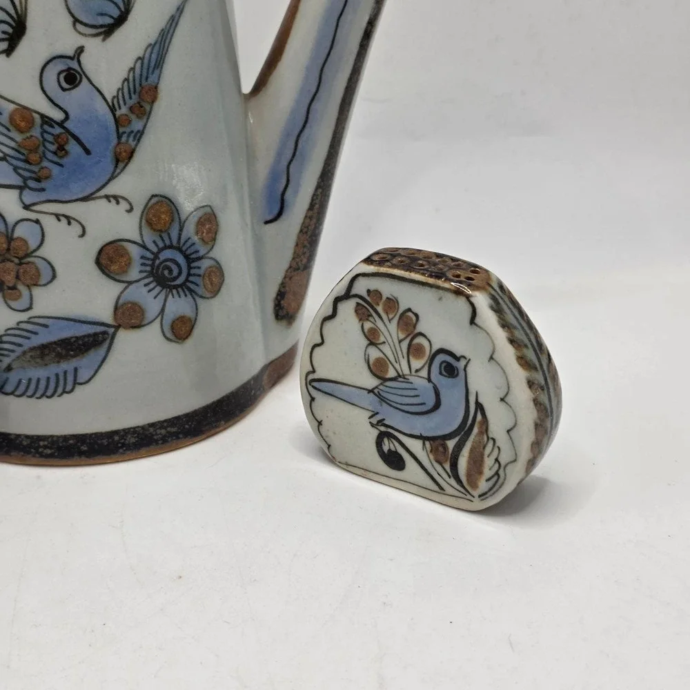 Ken Edwards Tonala Teapot Salt Pepper Shakers Blue Bird Mexican Folk Art Pottery